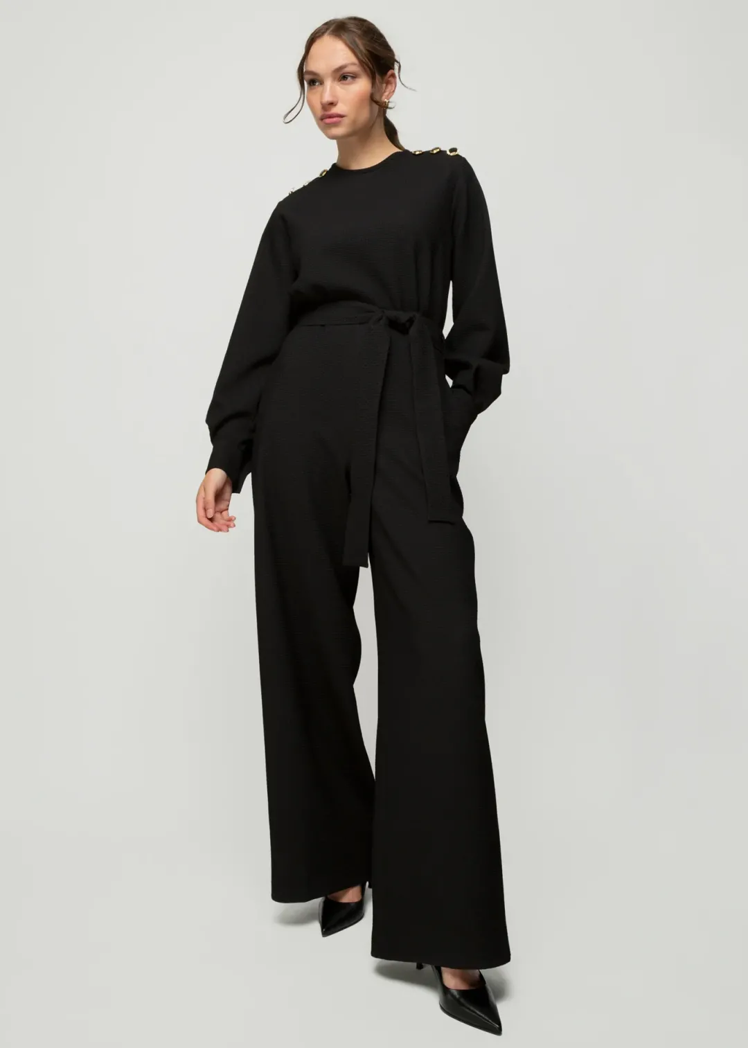 Hot Vanilia Jumpsuit Mit Waffelstruktur Schwarz